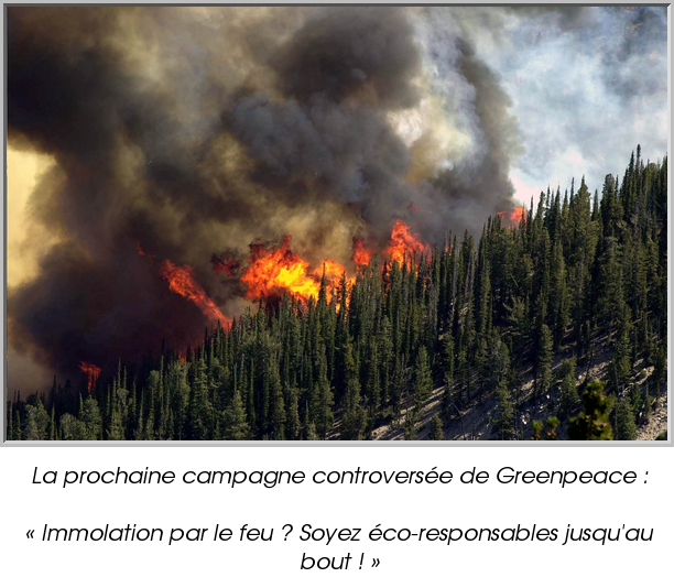 La prochaine campagne controversée de Greenpeace :

« Immolation par le feu ? Soyez éco-responsables jusqu'au bout ! »