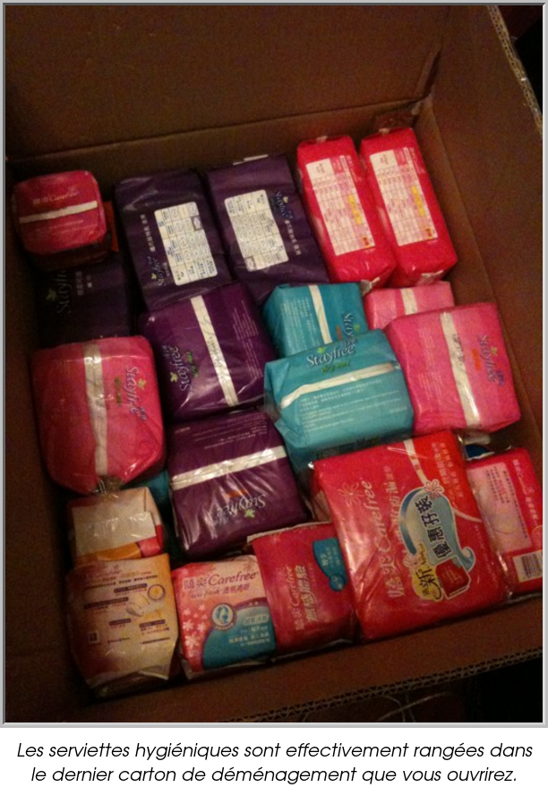 Les serviettes hygiéniques sont effectivement rangées dans le dernier carton de déménagement que vous ouvrirez.