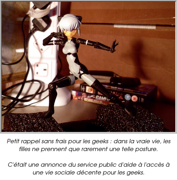 Petit rappel sans frais pour les geeks : dans la vraie vie, les filles ne prennent que rarement une telle posture.

C'était une annonce du service public d'aide à l'accès à une vie sociale décente pour les geeks.