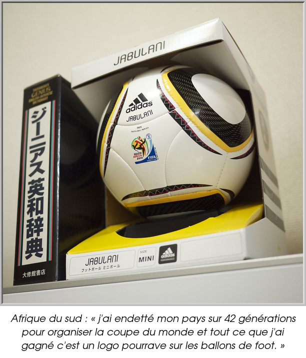 Afrique du sud : « j'ai endetté mon pays sur 42 générations pour organiser la coupe du monde et tout ce que j'ai gagné c'est un logo pourrave sur les ballons de foot. »