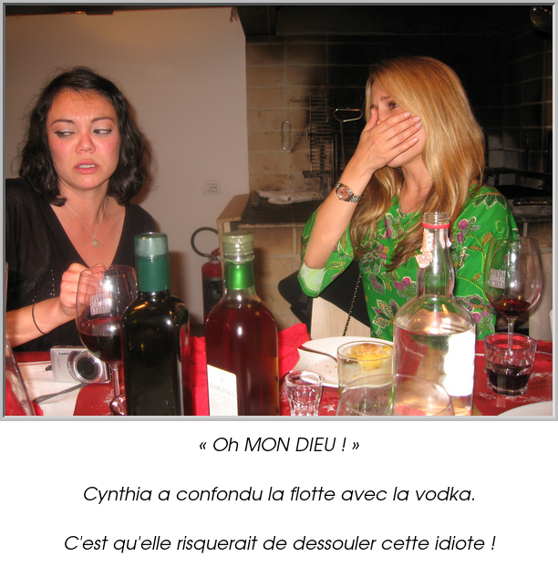 « Oh MON DIEU ! »

Cynthia a confondu la flotte avec la vodka.

C'est qu'elle risquerait de dessouler cette idiote !