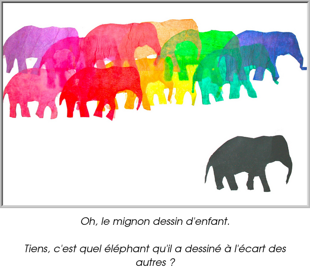 Oh, le mignon dessin d'enfant.

Tiens, c'est quel éléphant qu'il a dessiné à l'écart des autres ?