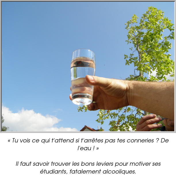 « Tu vois ce qui t'attend si t'arrêtes pas tes conneries ? De l'eau ! »

Il faut savoir trouver les bons leviers pour motiver ses étudiants, fatalement alcooliques.