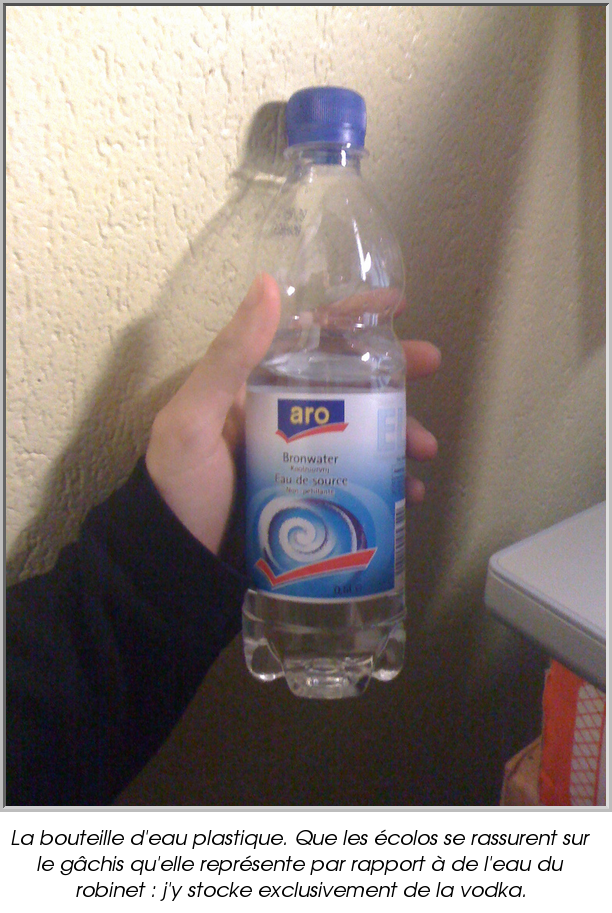 La bouteille d'eau plastique. Que les écolos se rassurent sur le gâchis qu'elle représente par rapport à de l'eau du robinet : j'y stocke exclusivement de la vodka.