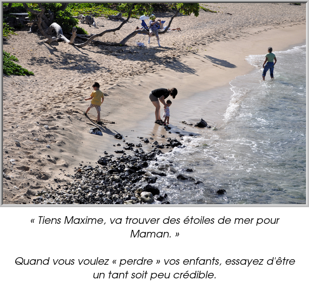 « Tiens Maxime, va trouver des étoiles de mer pour Maman. »

Quand vous voulez « perdre » vos enfants, essayez d'être un tant soit peu crédible.