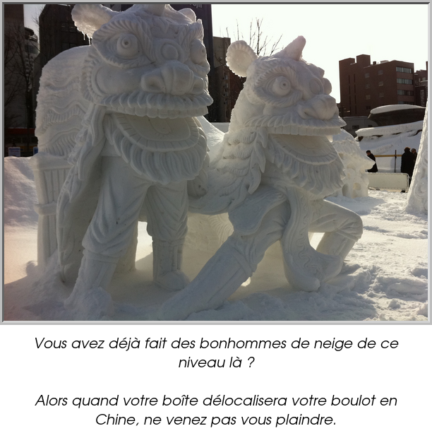 Vous avez déjà fait des bonhommes de neige de ce niveau là ?

Alors quand votre boîte délocalisera votre boulot en Chine, ne venez pas vous plaindre.