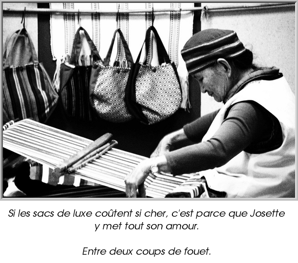 Si les sacs de luxe coûtent si cher, c'est parce que Josette y met tout son amour.

Entre deux coups de fouet.