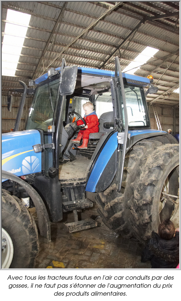 Avec tous les tracteurs foutus en l'air car conduits par des gosses, il ne faut pas s'étonner de l'augmentation du prix des produits alimentaires.