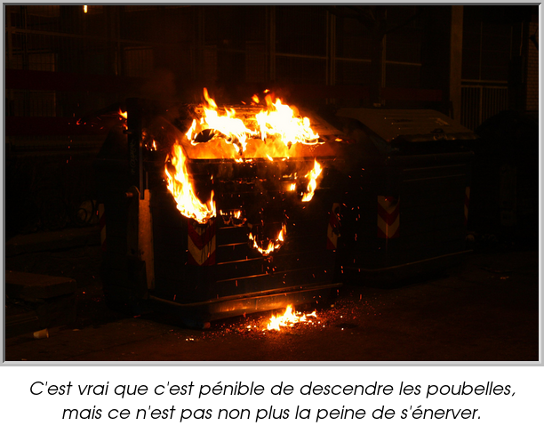 C'est vrai que c'est pénible de descendre les poubelles, mais ce n'est pas non plus la peine de s'énerver.