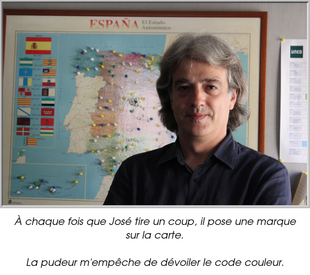 À chaque fois que José tire un coup, il pose une marque sur la carte.

La pudeur m'empêche de dévoiler le code couleur.