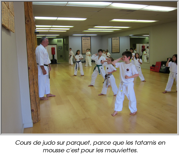 Cours de judo sur parquet, parce que les tatamis en mousse c'est pour les mauviettes.