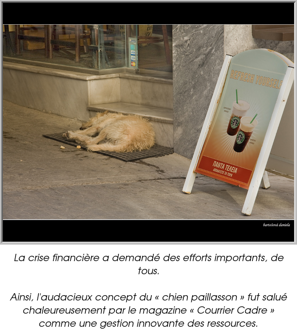 La crise financière a demandé des efforts importants, de tous.

Ainsi, l'audacieux concept du « chien paillasson » fut salué chaleureusement par le magazine « Courrier Cadre » comme une gestion innovante des ressources.